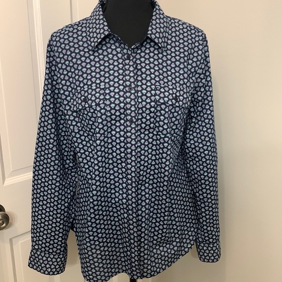Talbots LP cotton long sleeve button up blouse blue green and purple print - Picture 1 of 6